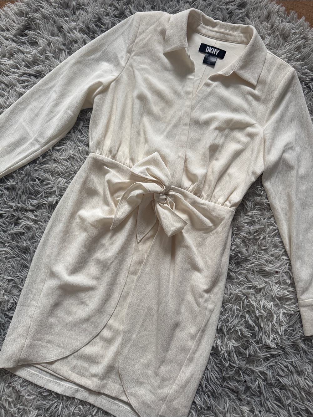 DKNY Cream Long-Sleeve Tie-Waist Shirt Dress